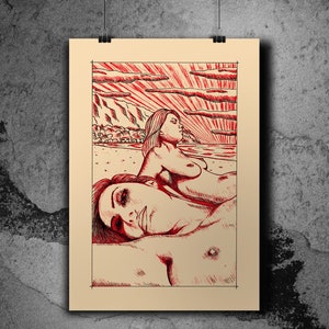 Könnte beinhalten: Eine Zeichnung in roter Tinte von zwei Personen, die am Strand liegen. Der Himmel ist rot mit Wolken und die Sonne geht unter. Die Personen sind in einem realistischen Stil gezeichnet.