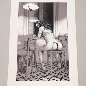 May include: Black and white illustration of a person seated at a table in a cafe. The person is wearing lingerie and is leaning on the table. The scene is detailed with a checkered floor and overhead lighting.