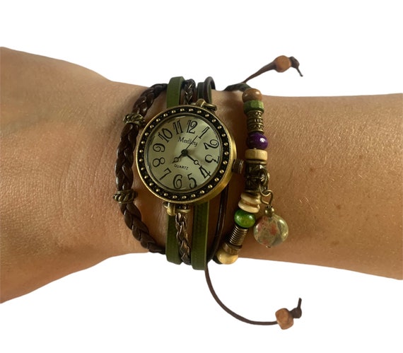 Ladies green leather wrist watch, adjustable watch, leather, steampunk, vintage, gift for her