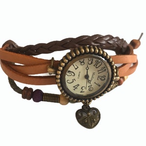 Leather watch, steampunk, leather, beaded, charms, adjustable, brown, tan , gift for her