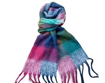 Écharpe de couverture, écharpe chaude, écharpe pour femmes, écharpe d'hiver, écharpe pour femme, turquoise, violet, blanc.