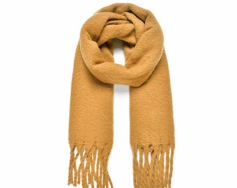 Oversized Mustard przytulny zimowy szalik, brązowy, żółty, zimowy szalik z frędzlami, damski szalik, UK, supermiękki, szalik koc