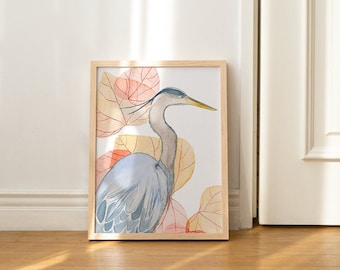 Blue Heron Spring Botanical Watercolour Art Print