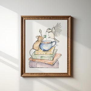 Impression d'art aquarelle et carte de voeux Thé avec des amis, souris et mésange