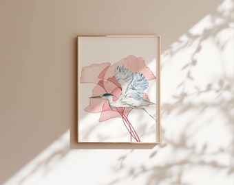 Blue Heron in Flight Botanical Watercolour Art Print. Birds and Botanical Wall Decor.