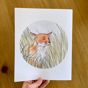 Happy Fox. Watercolour Circle Fox Print. Windy Grass Painting. image 3