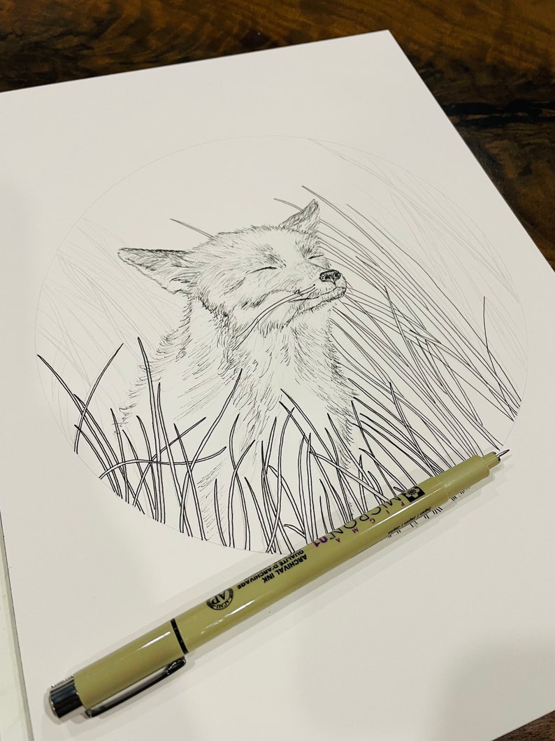 Happy Fox. Watercolour Circle Fox Print. Windy Grass Painting. image 4