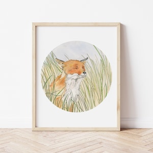 Happy Fox. Watercolour Circle Fox Print. Windy Grass Painting. imagem 1