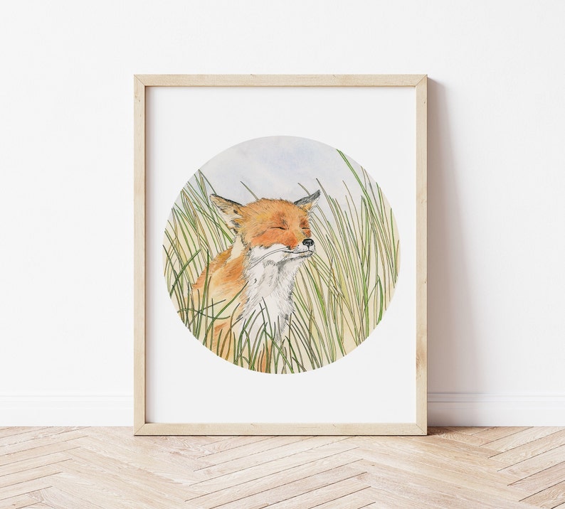 Happy Fox. Watercolour Circle Fox Print. Windy Grass Painting. image 1