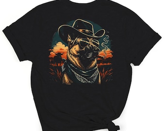 Cowboy Dog T-Shirt, Cool Western Cattle Dog, Smoking Cigar Sunset, Funny Animal Rancher Tee, Unique Vintage Gift T-Shirts