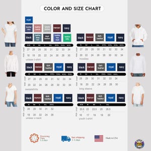 Unisex T-Shirt Color Size Chart, Hoodies Size Chart, Sweatshirts Size Chart, Long Sleeve, Youth T-Shirt, V-Neck Color Chart