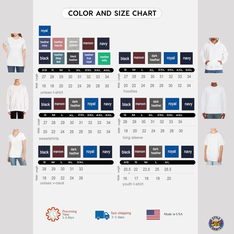Unisex T-Shirt Color Size Chart, Hoodies Size Chart, Sweatshirts Size Chart, Long Sleeve, Youth T-Shirt, V-Neck Color Chart