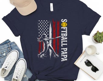 Softball Papa T-Shirts, Patriotic American Flag Tee, Distressed USA Flag, Girl Softball Player Graphic, Fathers Day Gift for Dad, Game Day