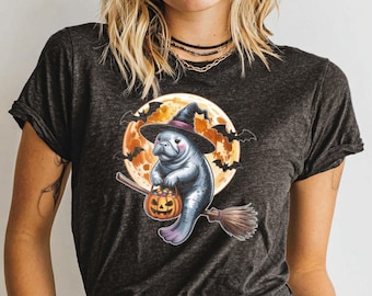Halloween Manatee T-Shirt, Witch Hat, Pumpkin Candy, Flying Bats, Spooky Season Shirt, Unique Halloween Tee, Halloween Gift Idea, Cute Sea