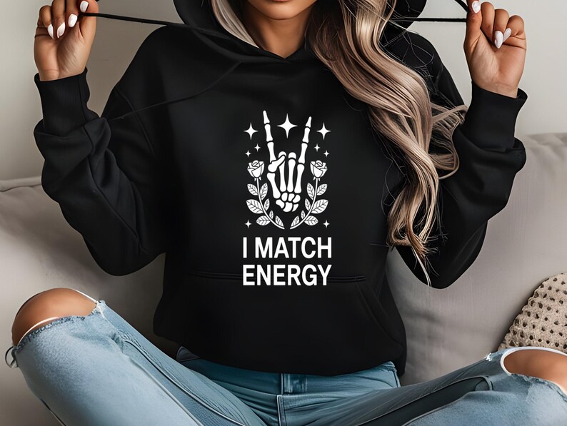 I Match Energy Skeleton Hand Rose Design, Witty Sarcastic Quote Graphic, Rock On Floral Stars Apparel, Trendy Mystical Gift
I Match Energy