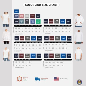 Color and size chart for unisex t-shirts, hoodies, sweatshirts, and long sleeve shirts.