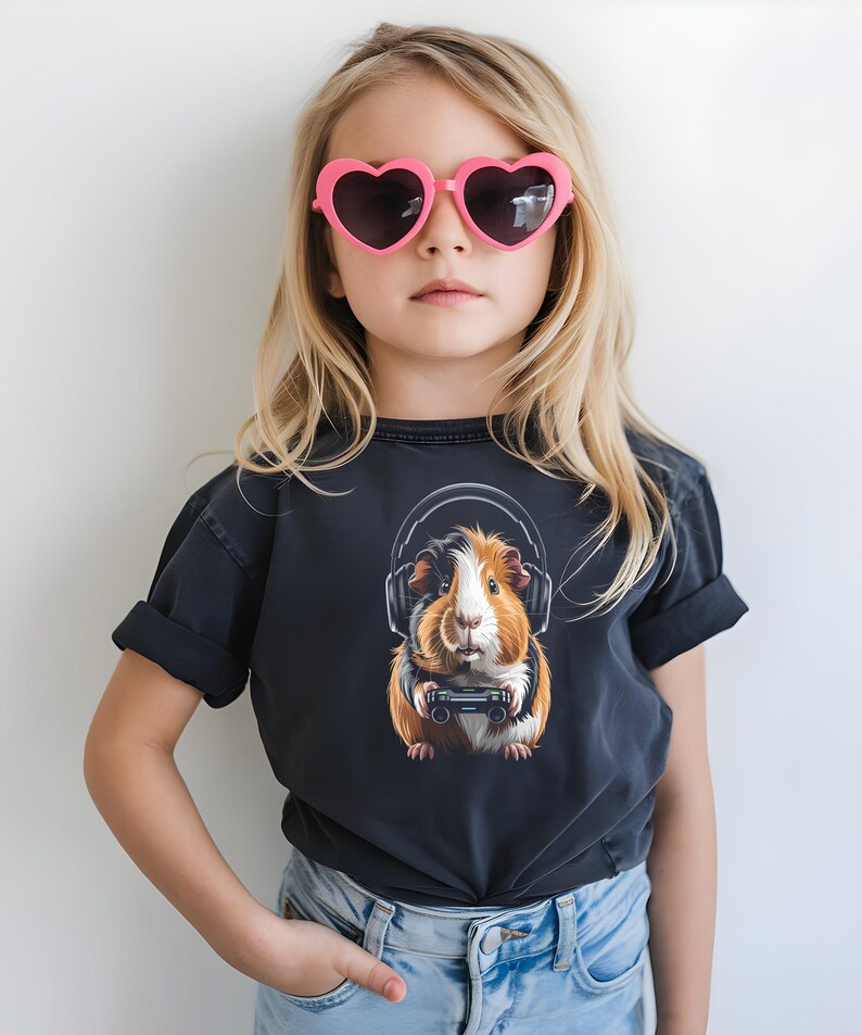 Cute Guinea Pig Headphones Tshirt, Kids Graphic Tee, Fun Animal Shirt for Girls Boys, Trendy Casual Outfits, Unique Children's Clothing