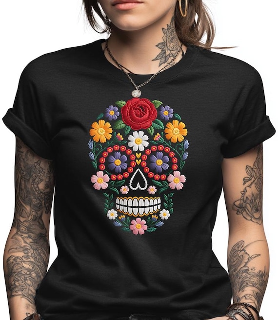 Floral Skull Shirt, Calavera Design Tee, Embroidered Look Flower Graphic, Day of the Dead Style, Vibrant Mexican Folk Art Apparel, Gift