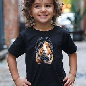 Cute Guinea Pig with Headphones T-Shirt, Funny Animal Graphic Tee, Kids Pet Lover Shirt, Adorable Rodent Art Clothing