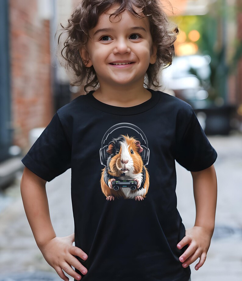 Cute Guinea Pig with Headphones T-Shirt, Funny Animal Graphic Tee, Kids Pet Lover Shirt, Adorable Rodent Art Clothing