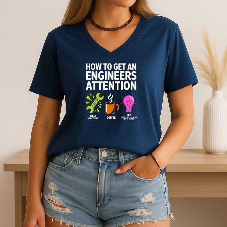 Navy V-neck t-shirt with "How to Get an Engineer's Attention" and three icons.