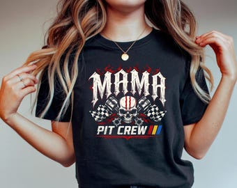 Mama Pit Crew Racing T-Shirts, Distressed Skull Auto Mom Tee, Checkered Flag Motorsport Fan Apparel, Race Day Engine Gift