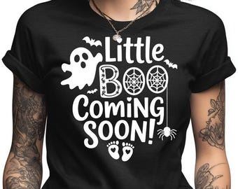 Camiseta "Little Boo" (próximamente), anuncio de embarazo de Halloween, revelación de bebé espeluznante, camiseta para futura mamá, regalo de maternidad de otoño