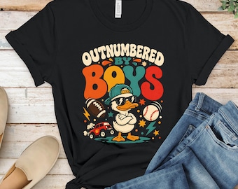 Outnumbered by Boys T-Shirts, Funny Boy Mom Tee, Cool Duck with Sunglasses, Retro Sports Design, Monster Truck Shirt, Baseball Football