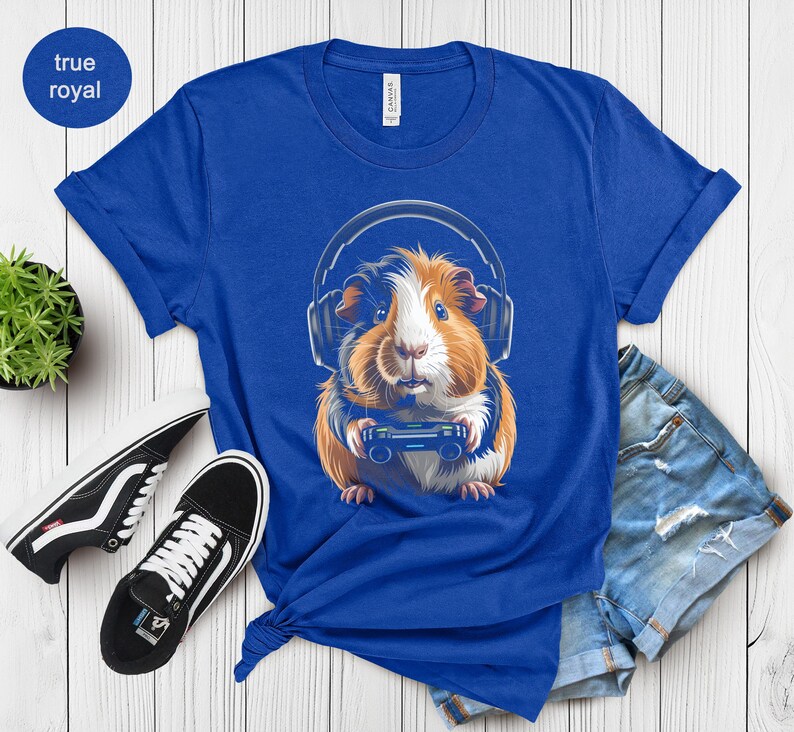 Funny Guinea Pig Gamer Shirt, Cute Animal Graphic Tee, Blue Short Sleeve Gaming T-Shirt, Gift for Gamers, Adorable Pet Lover Top