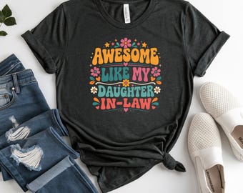 Awesome Daughter In Law T-Shirt, Groovy MIL Gift, Retro Flower Heart Stars Design, Best Daughter-in-Law Appreciation Tee, Unique Family Love