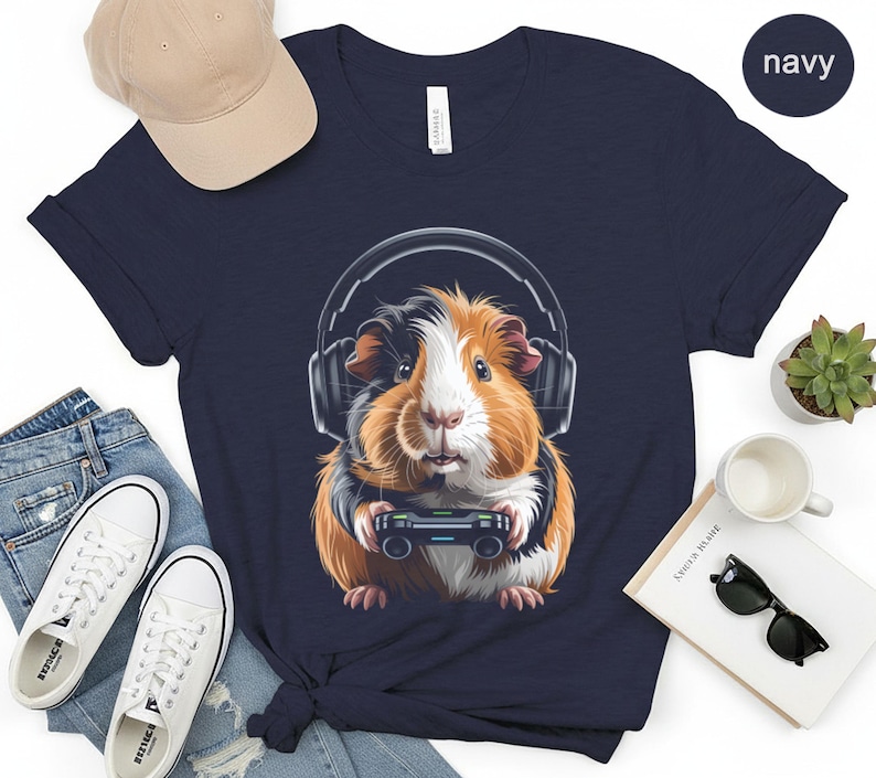 Cute Guinea Pig Gamer Shirt, Funny Headphones Gaming Tee, Cool Animal Music Lover Gift, Adorable Pet Print T-shirt