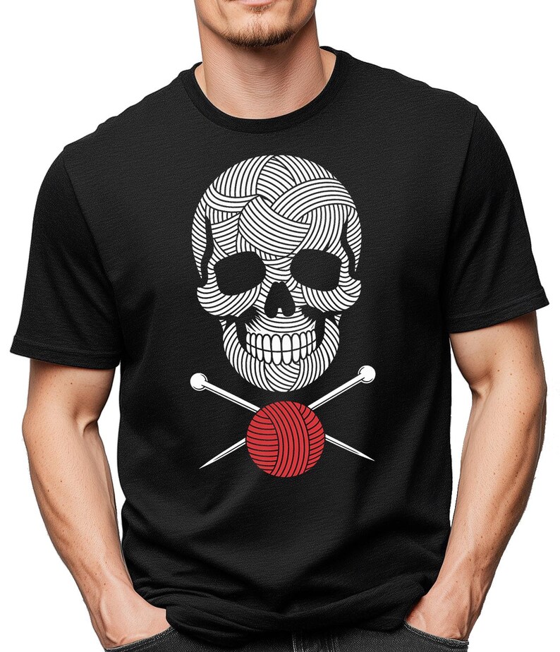 Knitting Skull Shirt Yarn Lover Gift, Crafter Apparel, Funny Knitting Tee, Unique Knitter Present for Crochet Fan & Fiber Artist image 2