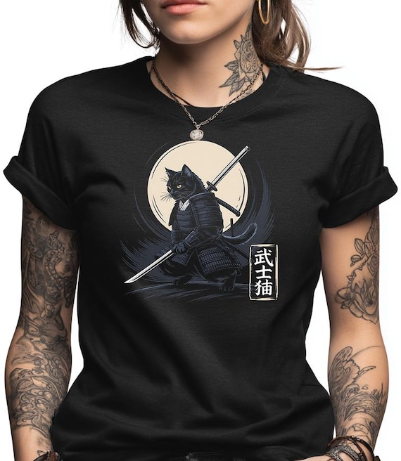 Samurai Cat Shirt, Japanese Warrior Feline Tee, Black Cat Lover Gift, Katana Sword Design, Moonlight Pet Apparel, Unique Animal Graphic Tee