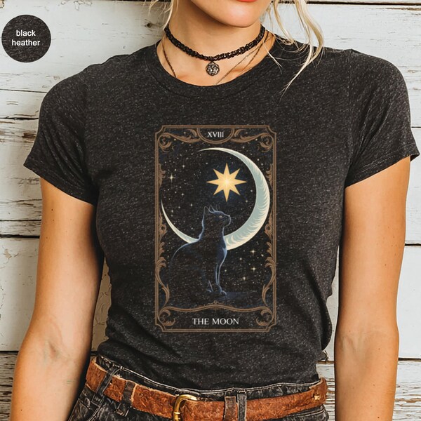 Tarot Card T-Shirts, The Moon XVIII, Cat, Moon and Stars Design, Celestial, Magical, Witchy, Occult Inspired, Unique T-Shirts