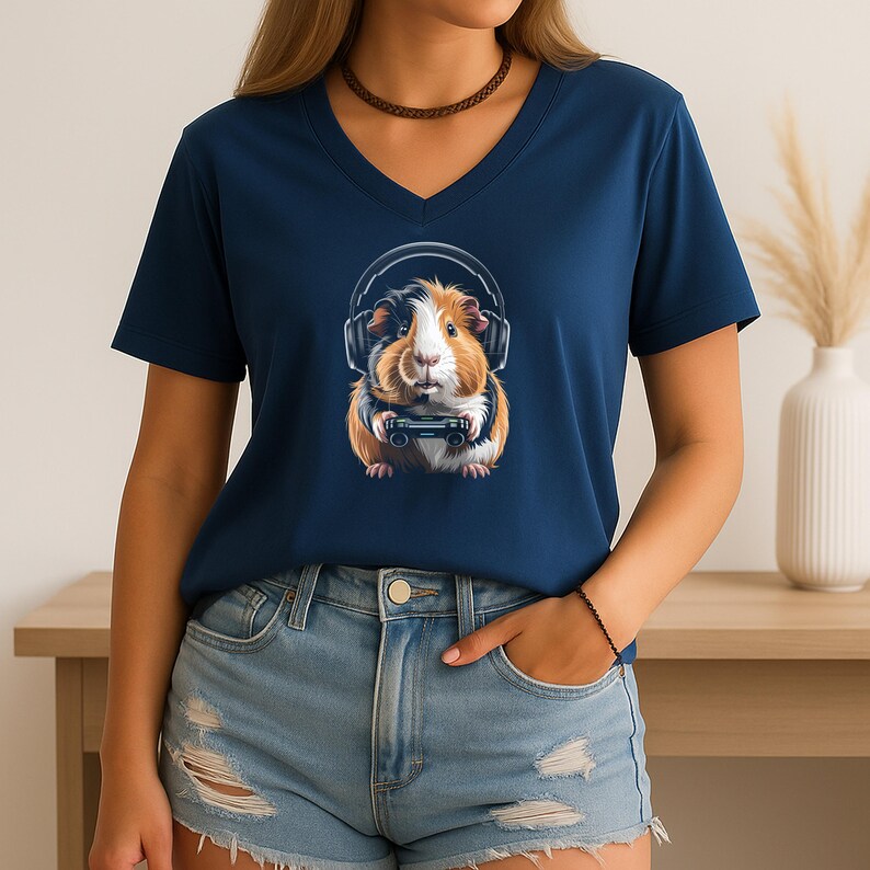 Cute Guinea Pig with Headphones Graphic Tee, Funny Animal Print Shirt, Unique Pet Lover Gift, Stylish Casual Wear, Trendy Graphic Top