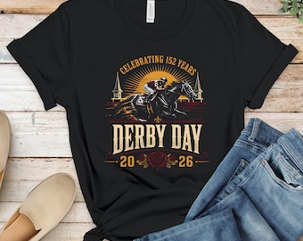 Derby Day 2026 T-Shirts, Horse Racing Jockey Vintage Design, Celebrating 152 Years, Churchill Downs Inspired Tee, Race Horse Lover Gift