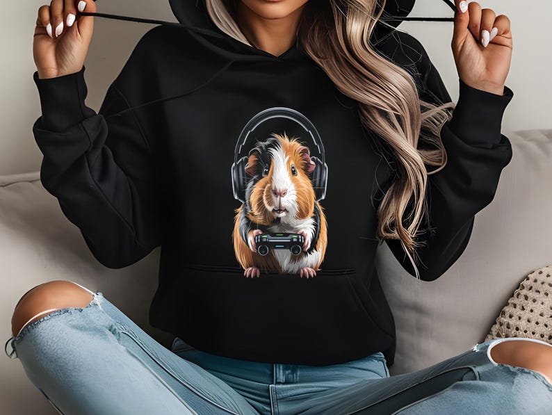 Cute Guinea Pig Gamer Hoodie, Funny Gaming Sweatshirt, Adorable Pet Lover Gift, Unique Animal Design, Cozy Casual Wear