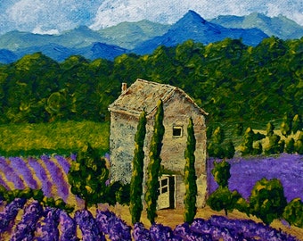 granja de lavanda (descarga digital original) por Mike Kraus - Arte provenza Francia francés Europa flores casa nubes cielo montañas