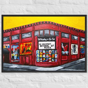 May include: A painting of a red brick building with a sign that reads "Whisky a Go Go No Vacancy School of Rock". The building has many windows and is decorated with colorful posters.