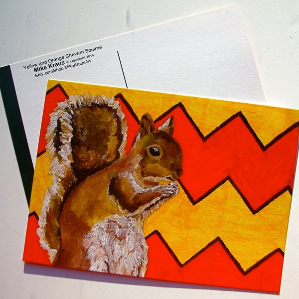 Yellow and Orange Chevron Squirrel (print reproduction postcard) 5" x 7" by Mike Kraus FREE SHIPPING!