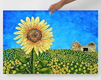 Sunflowers In Provence France (POSTER) by Mike Kraus - art french yellow blue green farm barn field landscape beautiful gifts summer spring