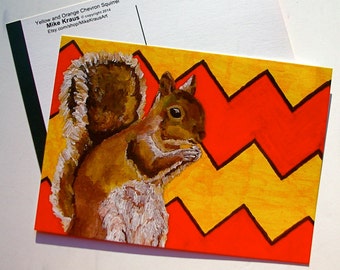 Three (3) Yellow and Orange Chevron Squirrel (print reproduction postcard) 5" x 7" by Mike Kraus