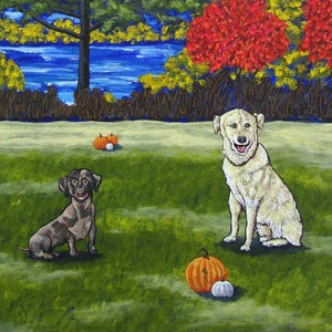 May include: An acrylic painting of a grassy field with a small dark brown dog and a larger cream-colored dog sitting near several orange pumpkins. In the background, a large green tree, two red-leafed trees, and a blue river under a cloudy sky.