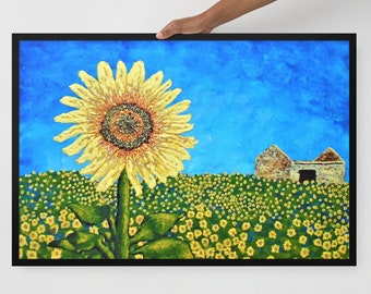 Sunflowers In Provence France (FRAMED POSTER) by Mike Kraus - art french yellow blue green farm barn field landscape beautiful gifts summer