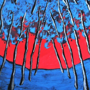 crepúsculo madeiras #482 (cartão colecionável do artista) 6,35 cm x 8,89 cm por Mike Kraus- aceo atc árvores floresta natureza azul vermelho