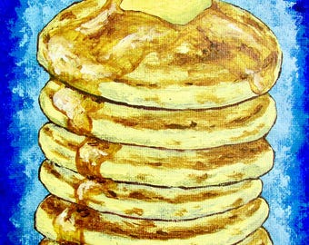 Grandpa's Panny Cakes (ORIGINAL ACRYLIC PAINTING) 5" x 7" Mike Kraus - art pancakes breakfast kitchen dining diners restaurants food meals