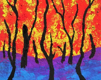 Crucible #449 (ARTIST TRADING CARDS ) 2.5" x 3.5" by Mike Kraus - aceo atc wildfires flames climate change trees forests woods nature fire