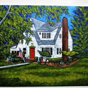 May include: A painting of a white house with a bright red front door, a tall brown chimney, and black window shutters. An American flag stands in the front yard near a walkway, surrounded by green trees, bushes, and a grassy lawn under a blue sky.