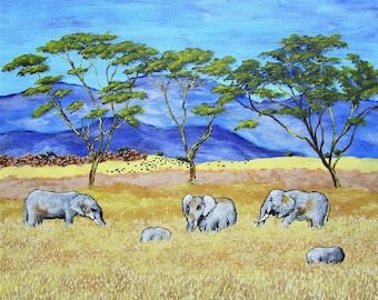 Elefantes de Tanzania (descarga digital original) por Mike Kraus - Art animales África safari cielo montañas sabana pastizales becerro