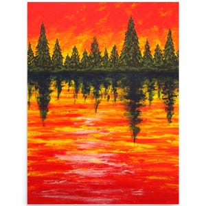 Tramonto americano (STAMPA) Mike Kraus - arte primavera estate pini foresta boschi natura escursioni escursionismo baita cottage decorazioni per la casa lago acqua